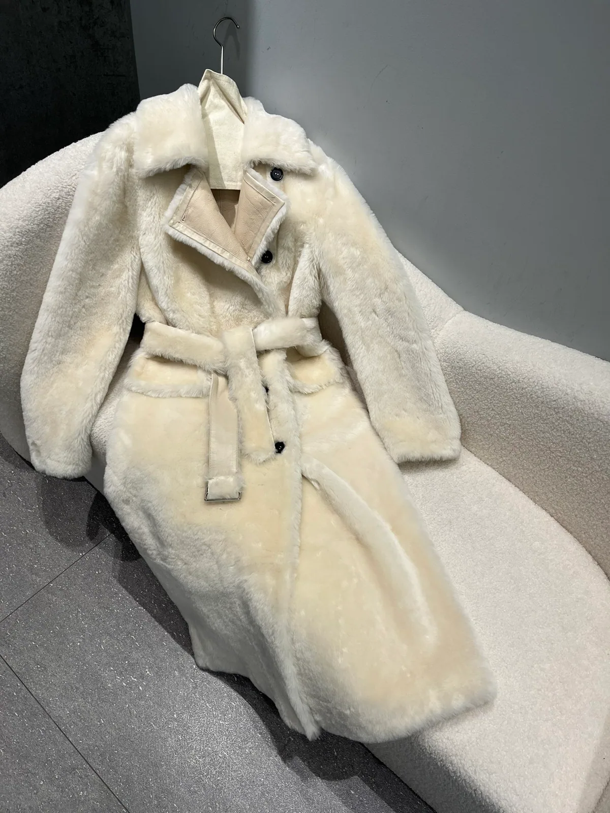 Long Double-Face Shearling Trench Coat with Belt — full-length ivory coat view