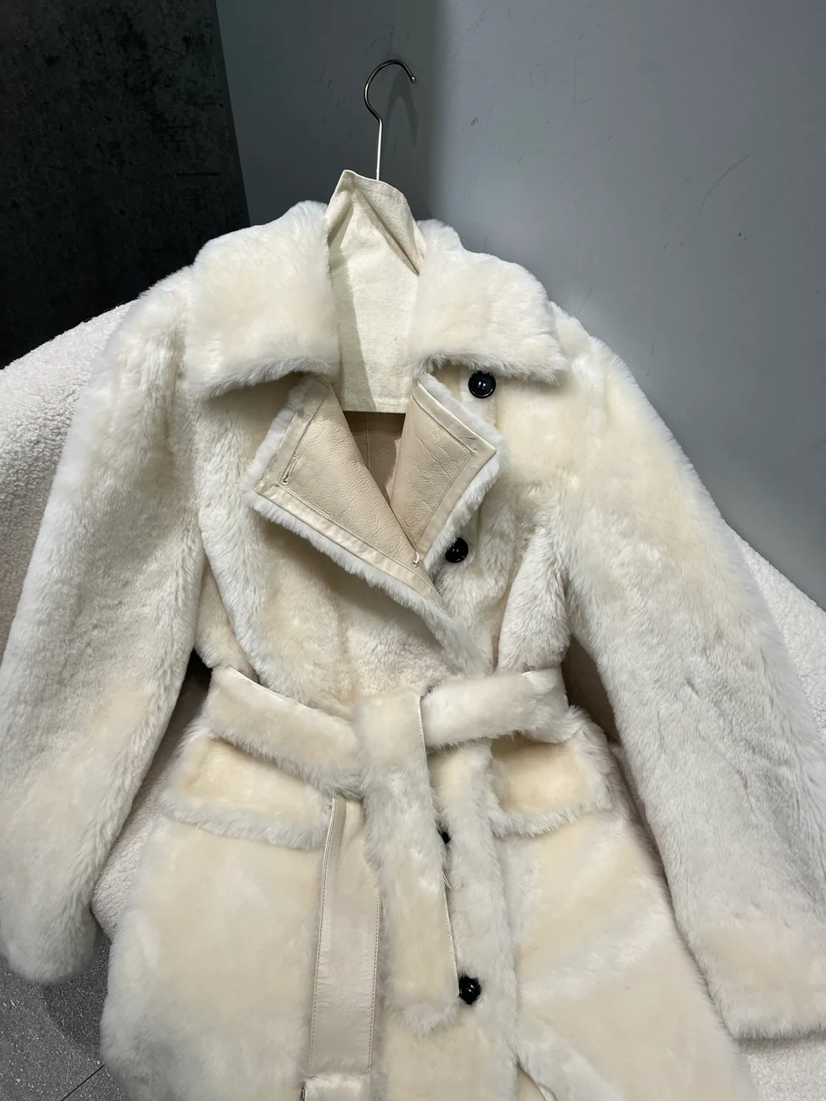 Long Double-Face Shearling Trench Coat with Belt — front construction detail