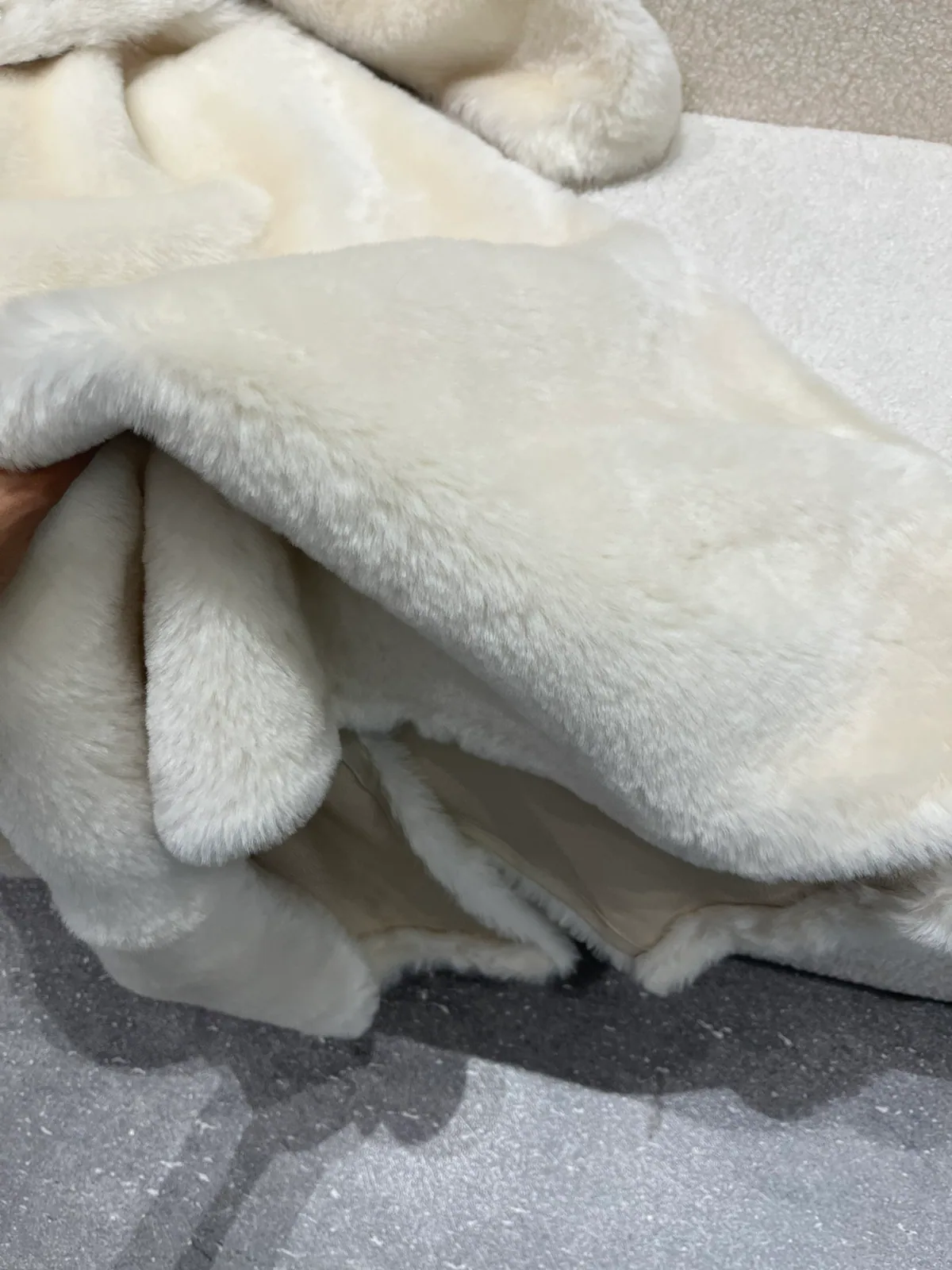 Long Double-Face Shearling Trench Coat with Belt — double-face shearling material detail