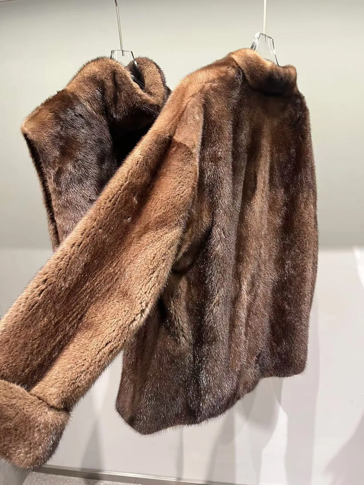 Mink Fur V-Neck Coat with Pockets — side and sleeve detail