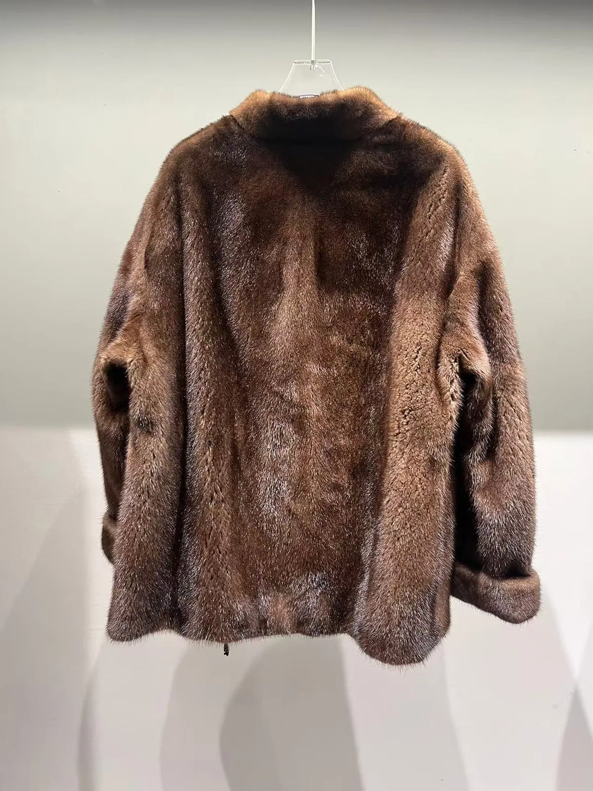 Mink Fur V-Neck Coat with Pockets — rear construction view