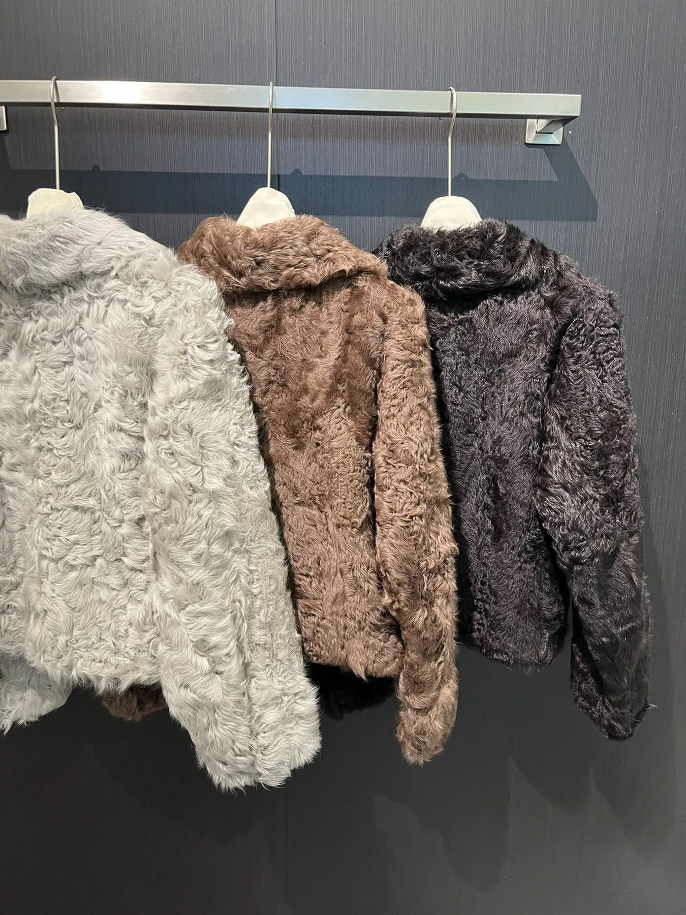 Solid-Color Mongolian Lamb Fur Jacket — alternate back view