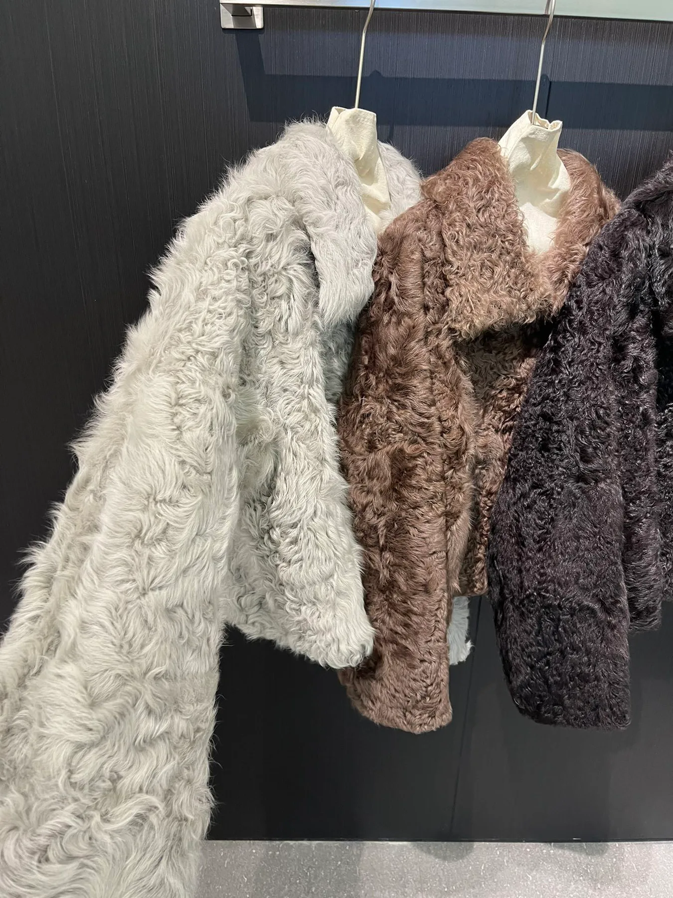 Solid-Color Mongolian Lamb Fur Jacket — cuff and surface detail