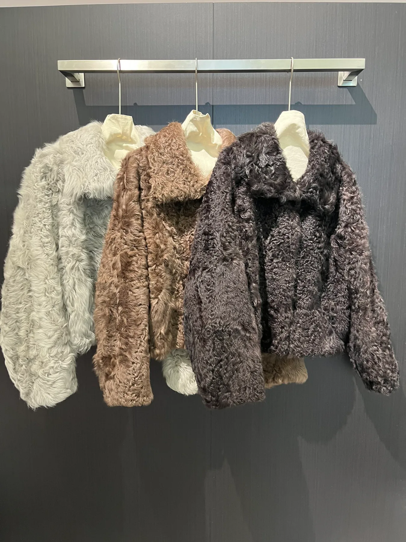 Solid-Color Mongolian Lamb Fur Jacket — photographed reference
