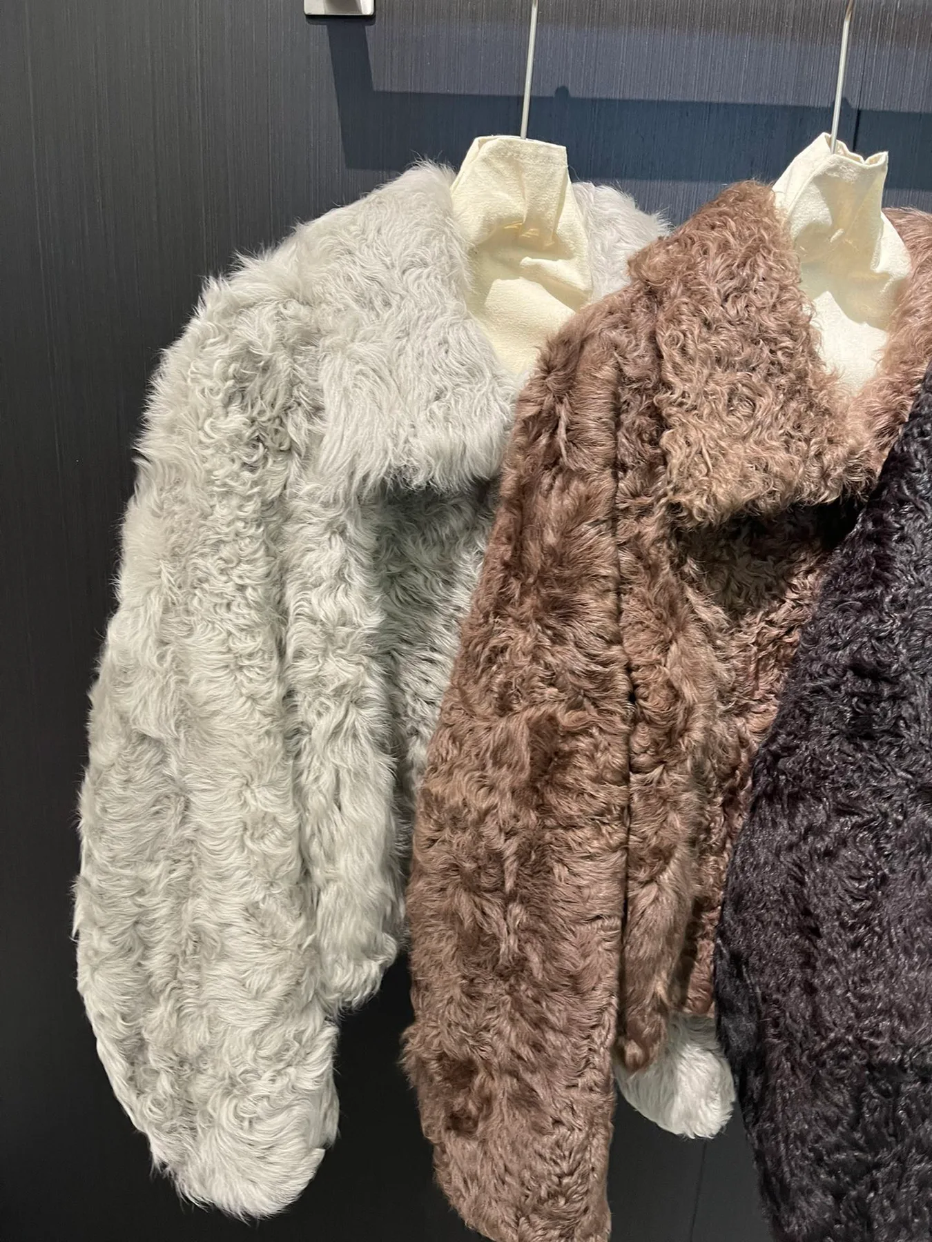 Solid-Color Mongolian Lamb Fur Jacket — side group view