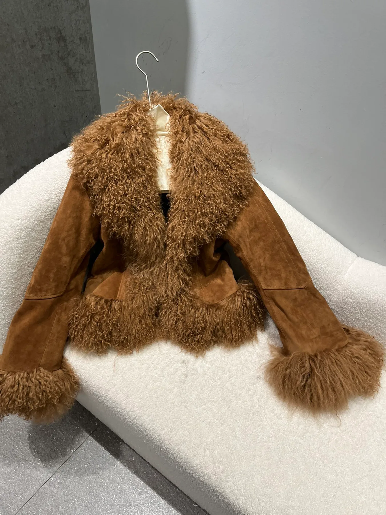 Shearling Leather Jacket with Mongolian Lamb Fur Collar — brown front view