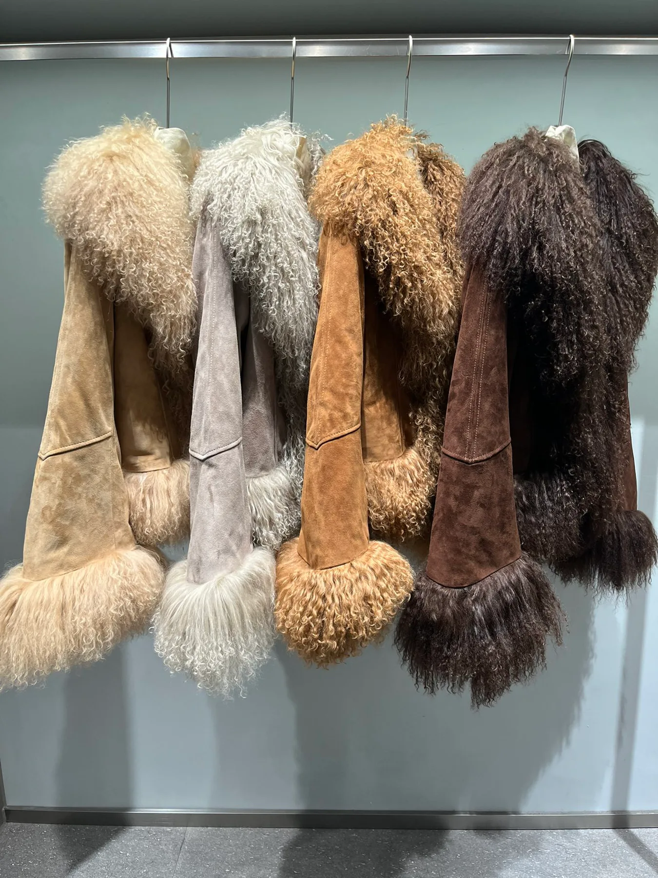 Shearling Leather Jacket with Mongolian Lamb Fur Collar — photographed reference