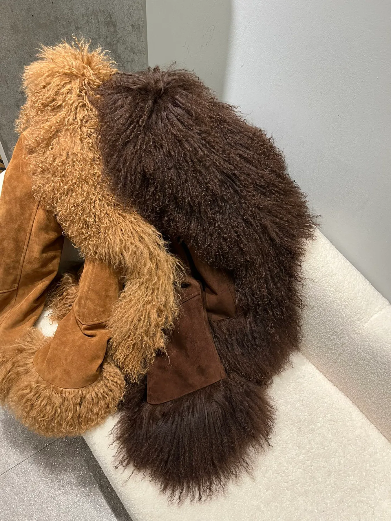 Shearling Leather Jacket with Mongolian Lamb Fur Collar — side detail