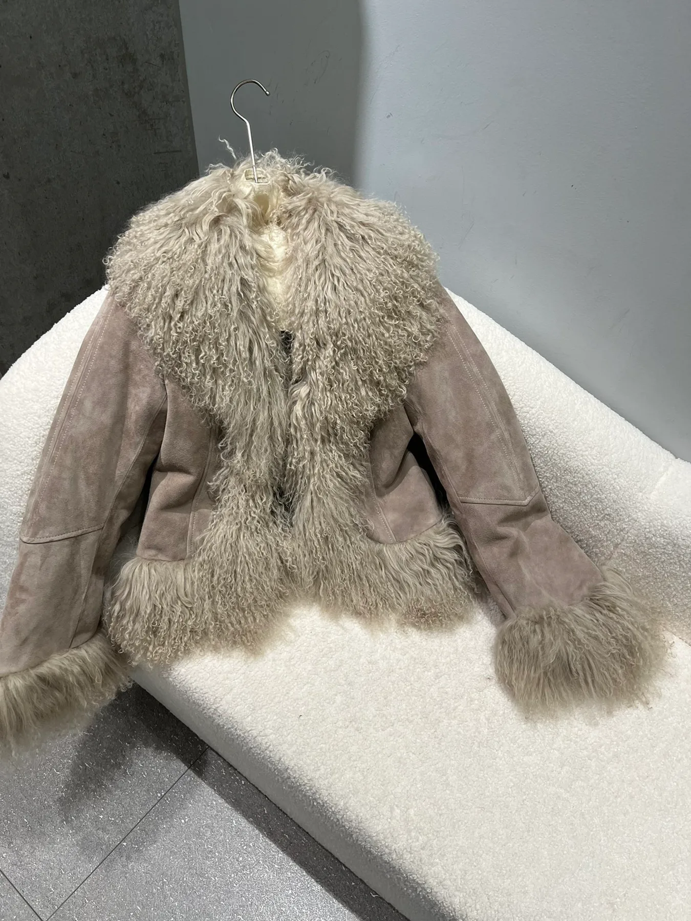 Shearling Leather Jacket with Mongolian Lamb Fur Collar — grey front view