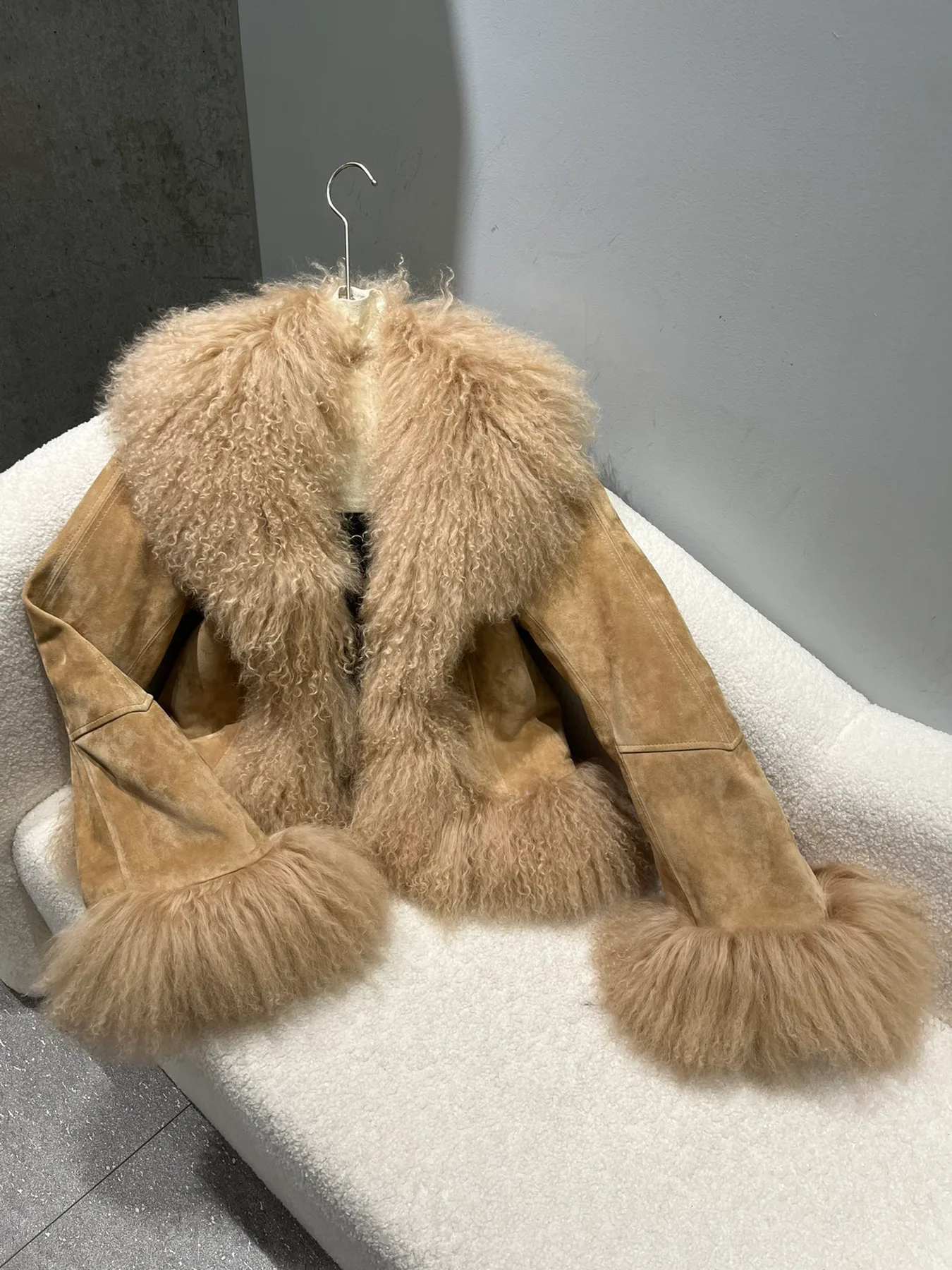 Shearling Leather Jacket with Mongolian Lamb Fur Collar — light-brown front view
