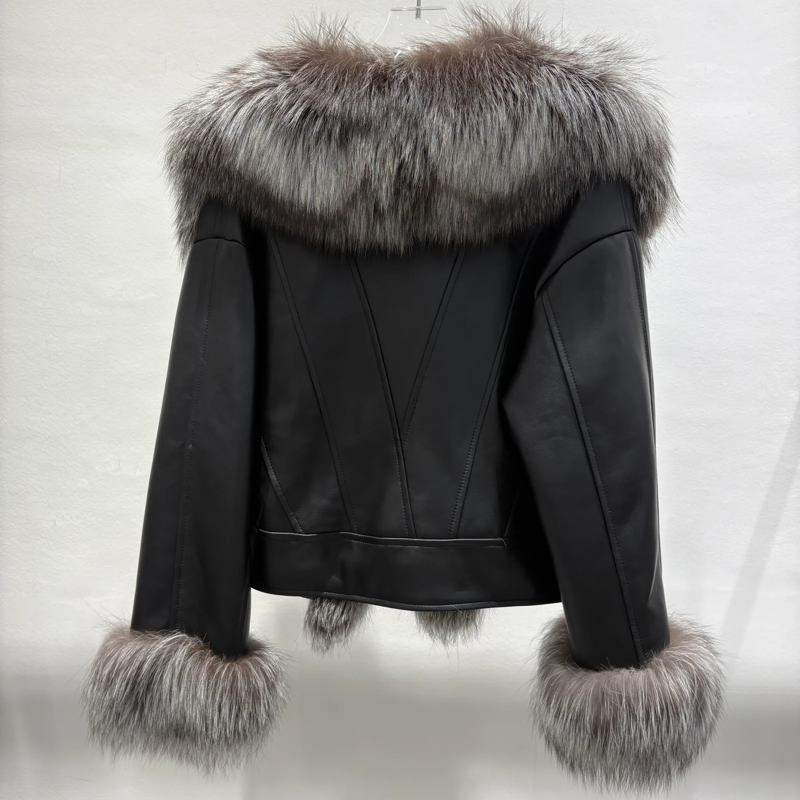 Black Sheepskin Leather Jacket with Silver Fox Trim — back view