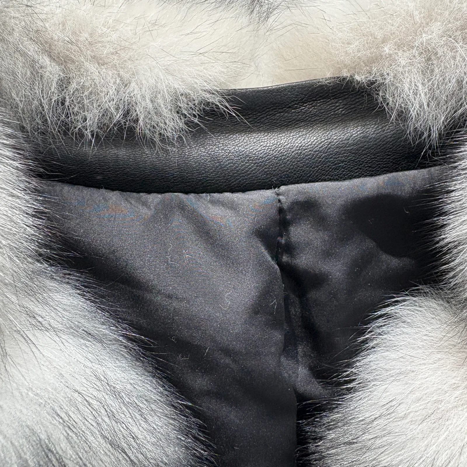 Black Sheepskin Leather Jacket with Silver Fox Trim — collar and lining detail