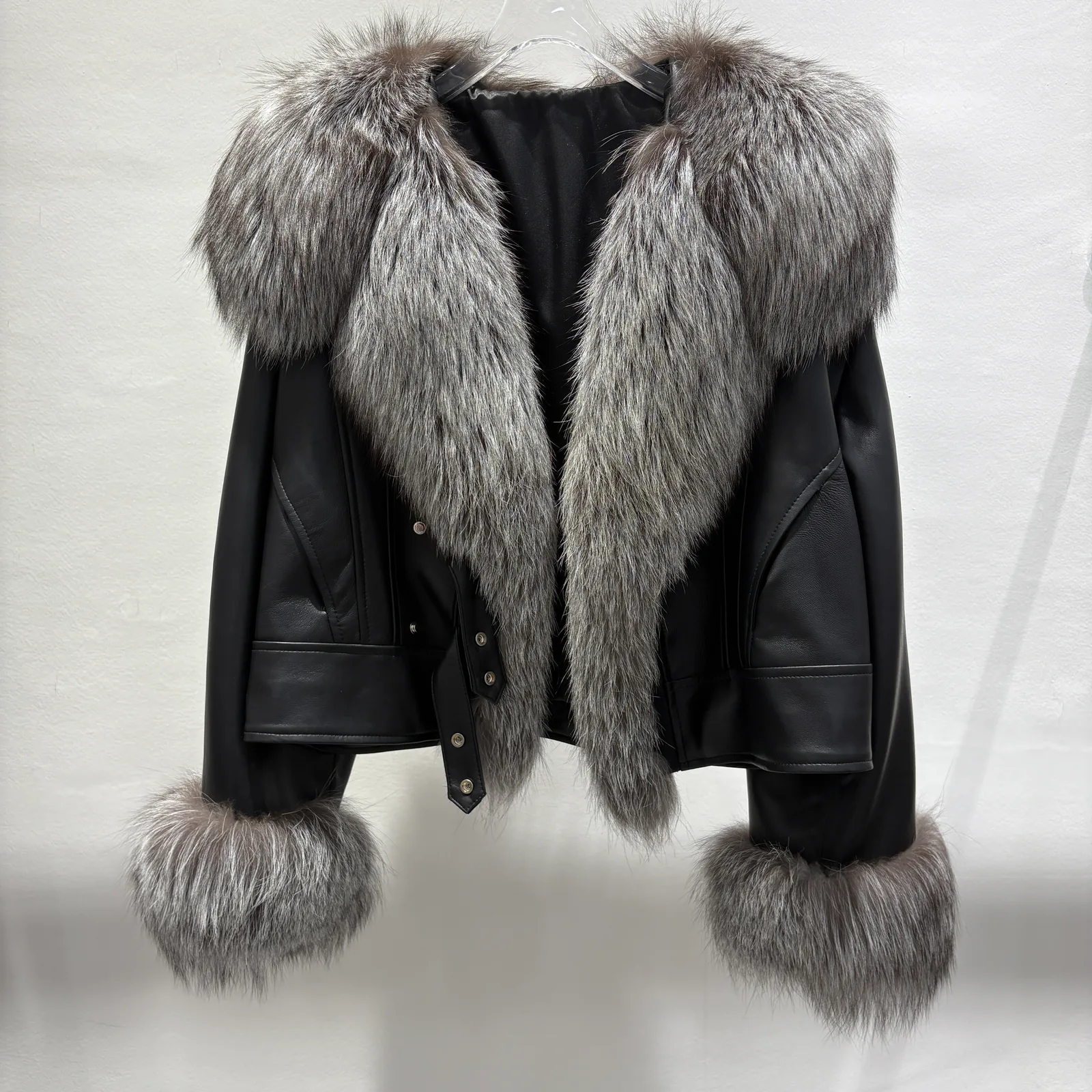 Black Sheepskin Leather Jacket with Silver Fox Trim — photographed reference