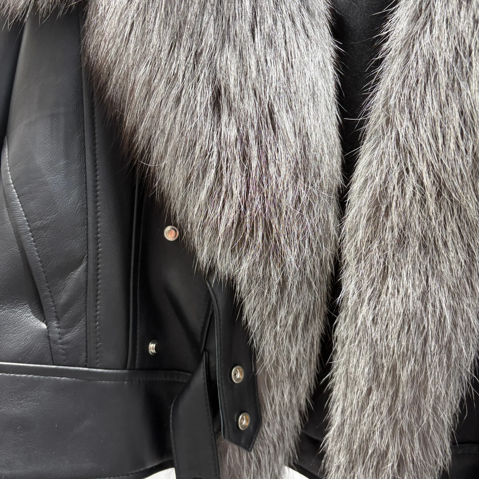 Black Sheepskin Leather Jacket with Silver Fox Trim — opening detail