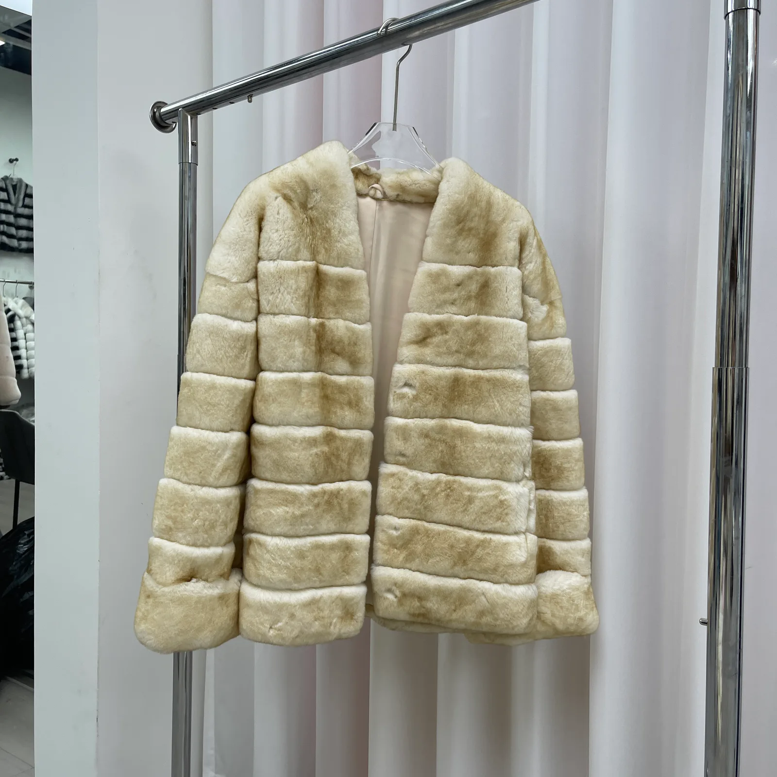 Striped Rabbit Fur Short Jacket with Pockets — beige front view