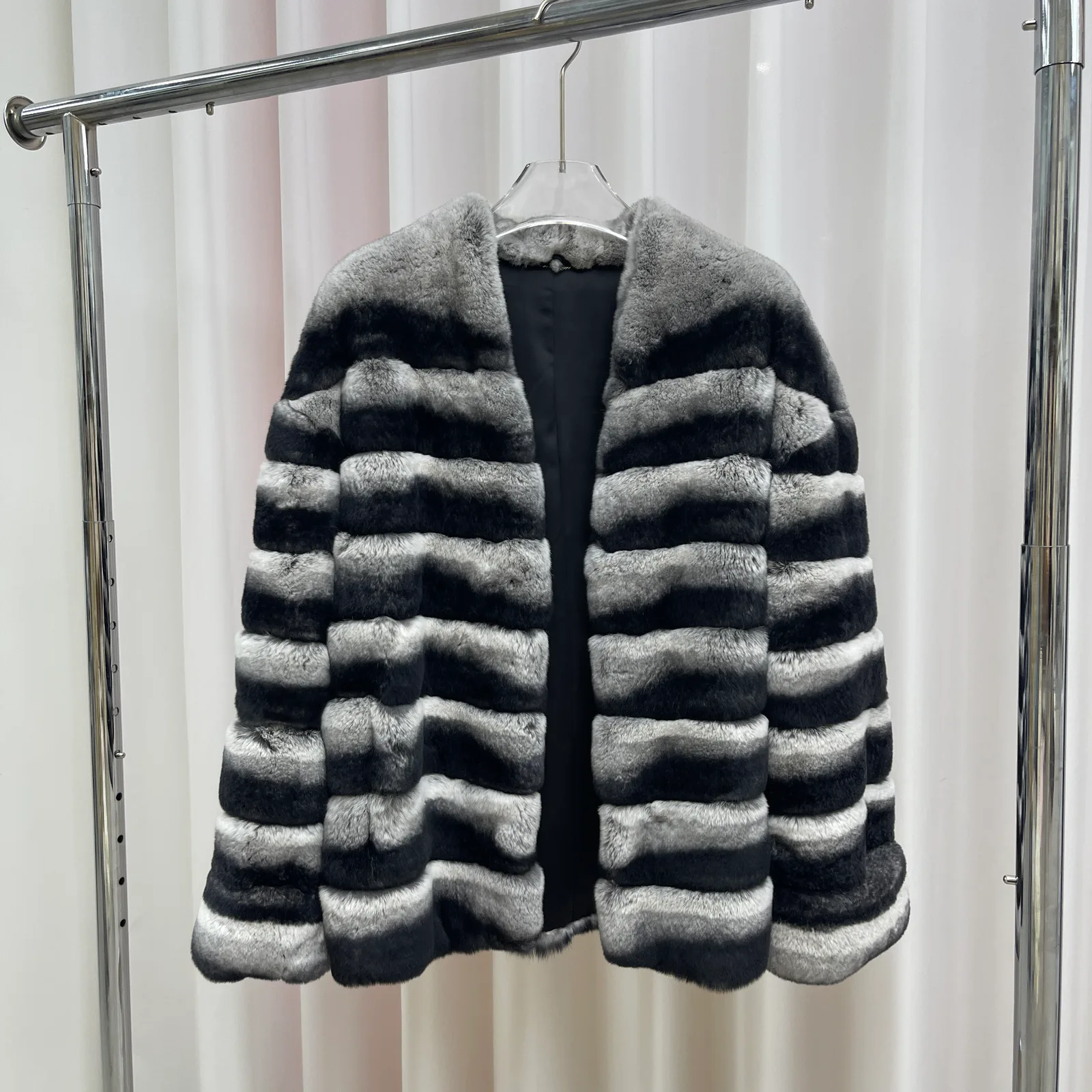 Striped Rabbit Fur Short Jacket with Pockets — black-and-white front