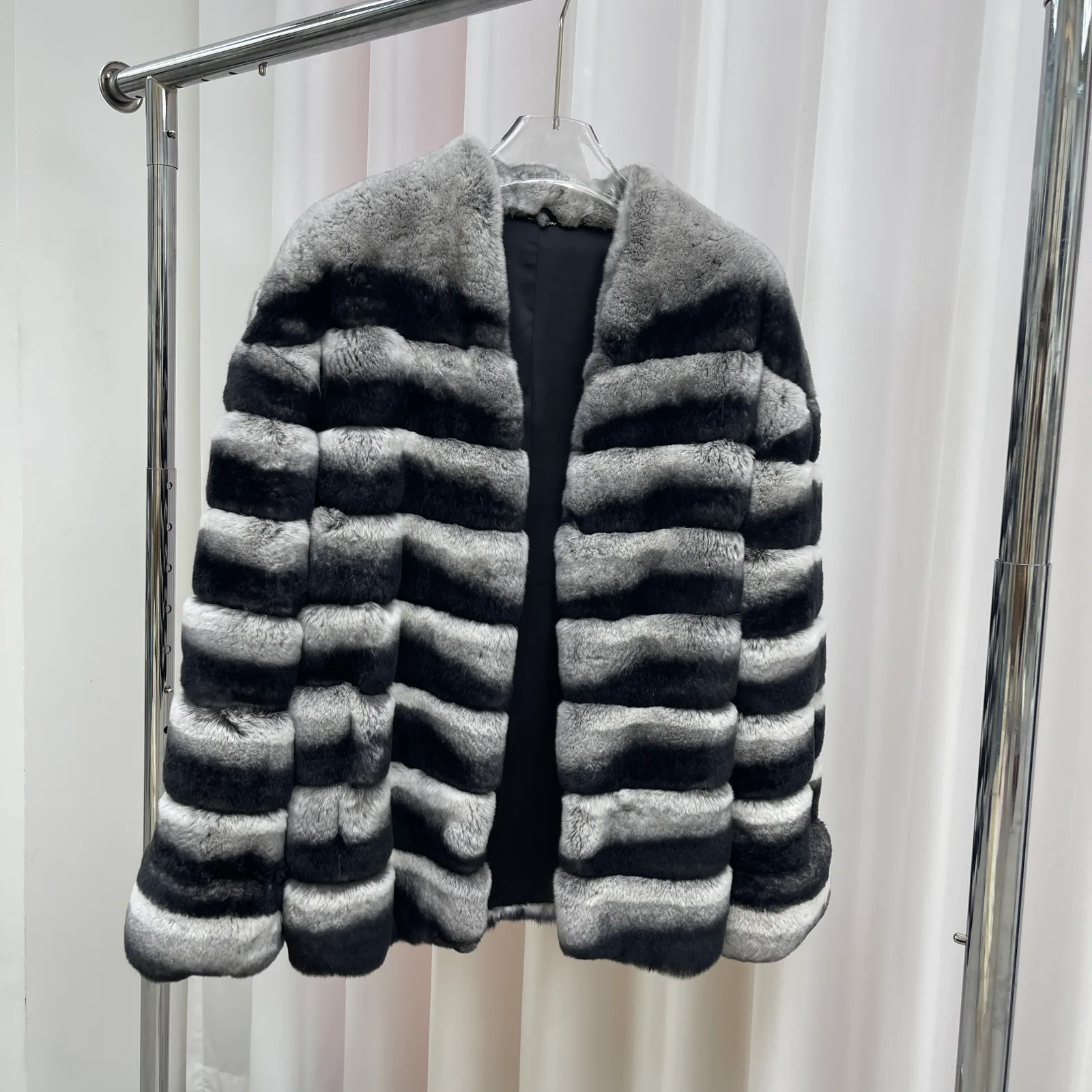 Striped Rabbit Fur Short Jacket with Pockets — striped alternate front