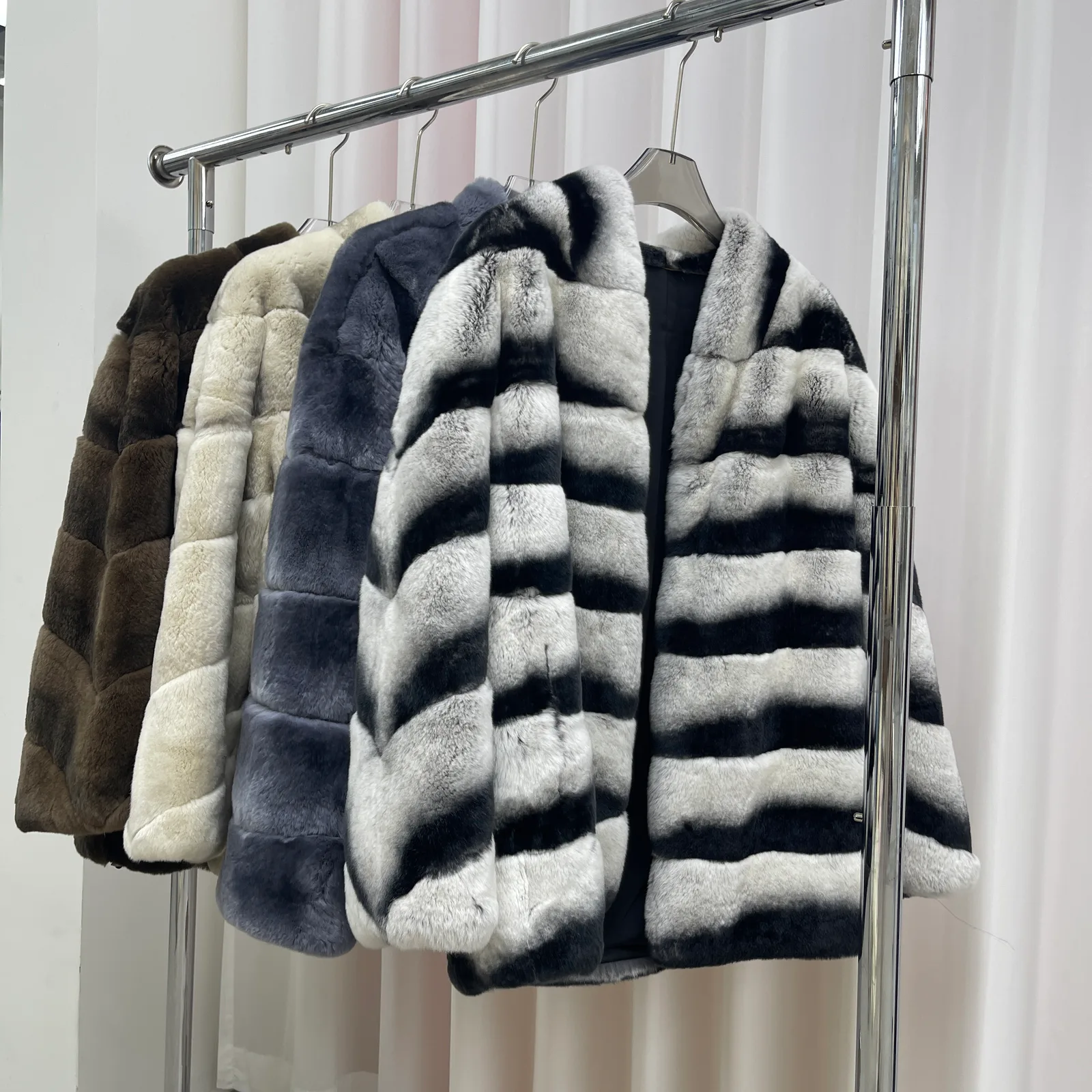 Striped Rabbit Fur Short Jacket with Pockets — alternate color group