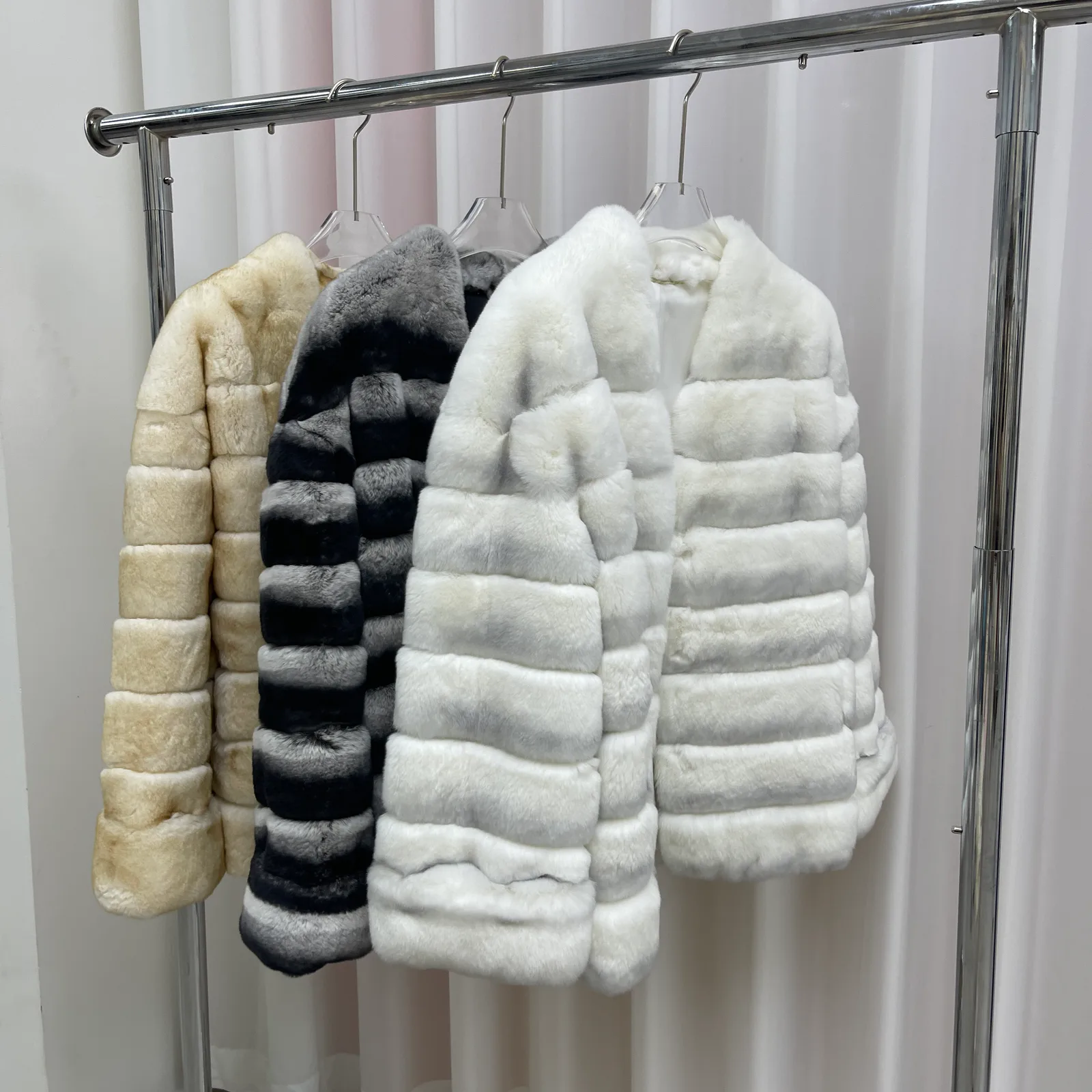 Striped Rabbit Fur Short Jacket with Pockets — photographed reference