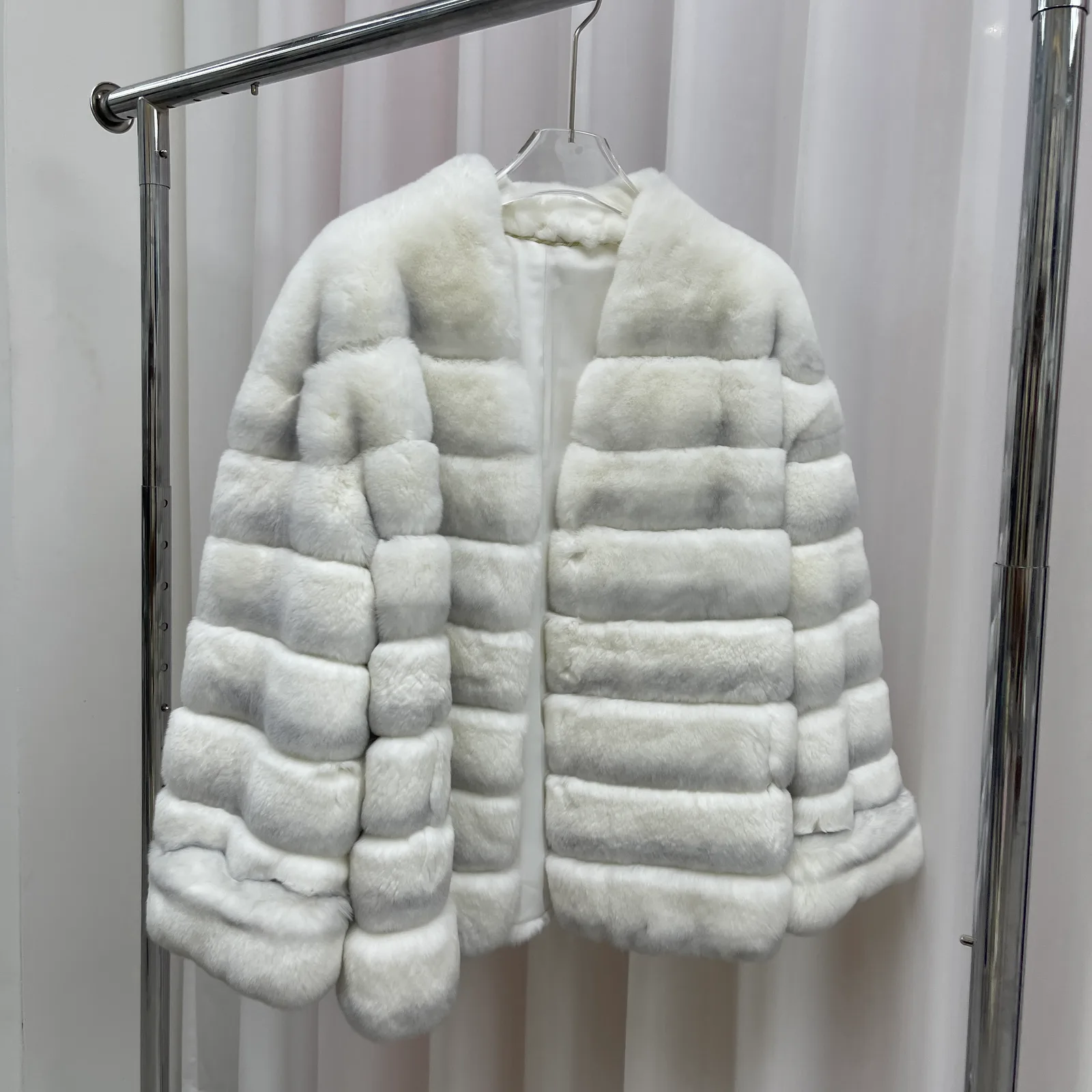 Striped Rabbit Fur Short Jacket with Pockets — white front view