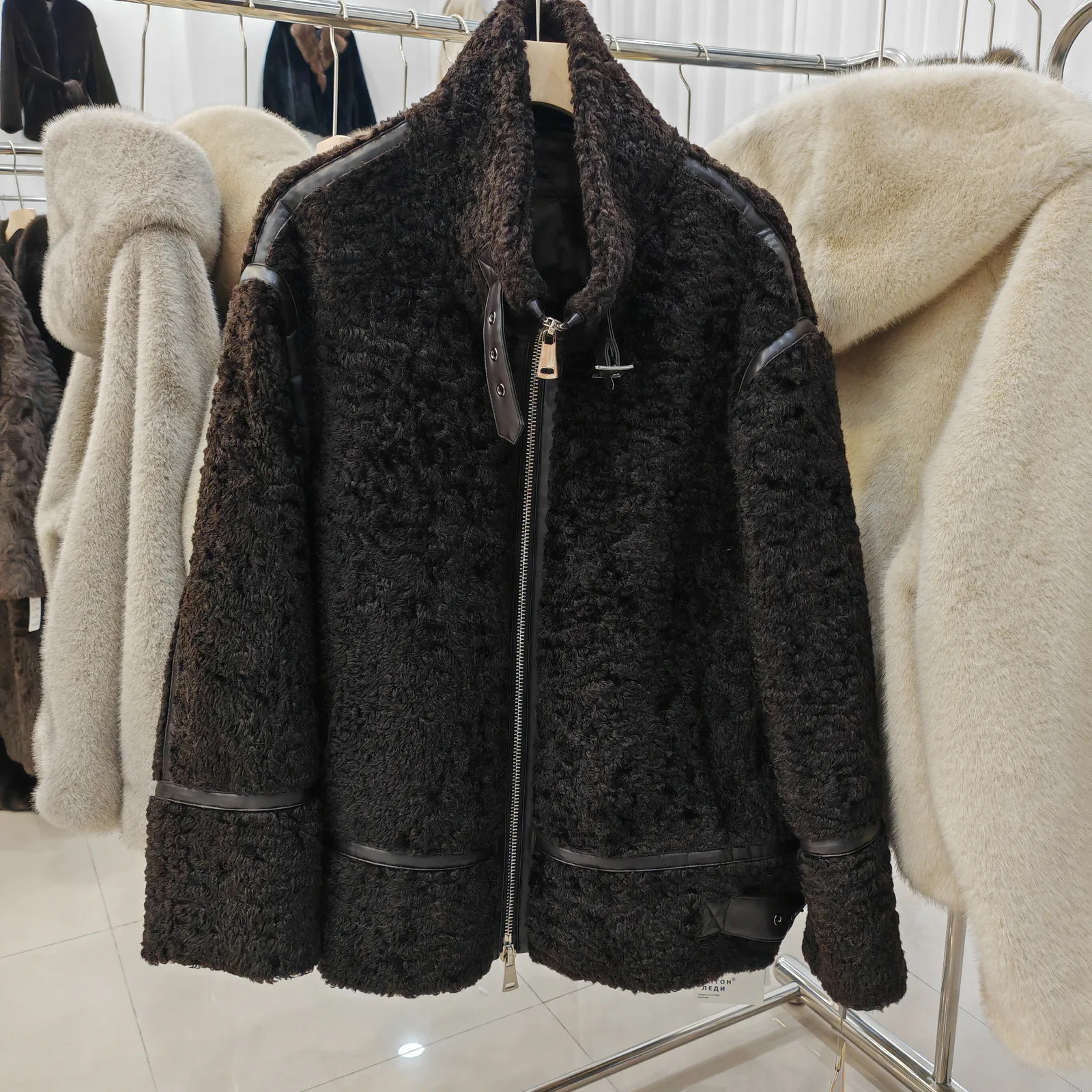 Curly Faux Fur Biker Jacket with Genuine Leather Trim — photographed reference