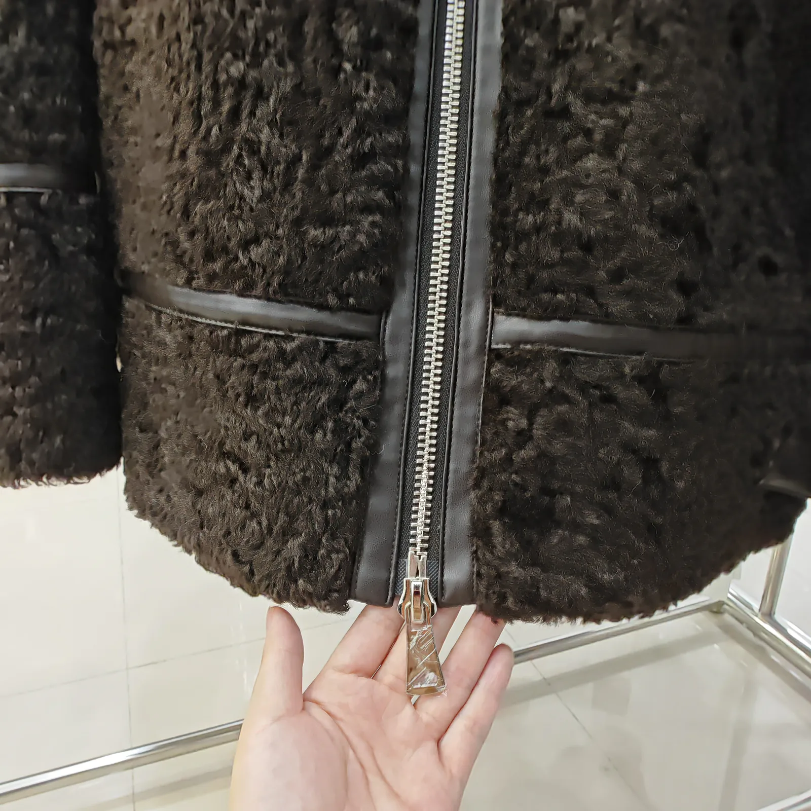 Curly Faux Fur Biker Jacket with Genuine Leather Trim — back view