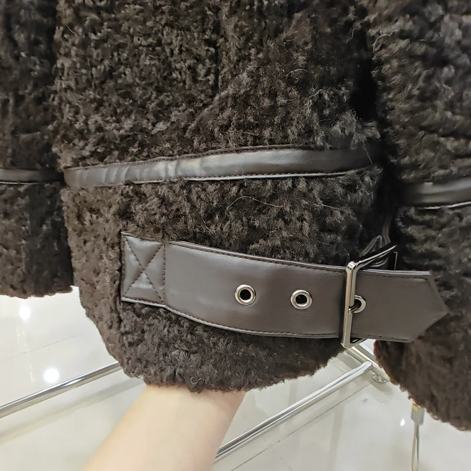 Curly Faux Fur Biker Jacket with Genuine Leather Trim — zipper and trim detail