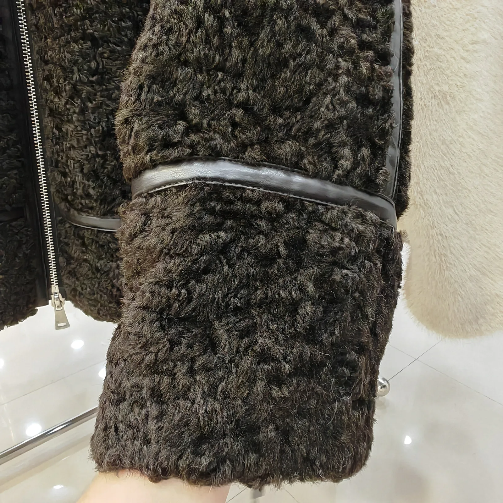 Curly Faux Fur Biker Jacket with Genuine Leather Trim — sleeve detail