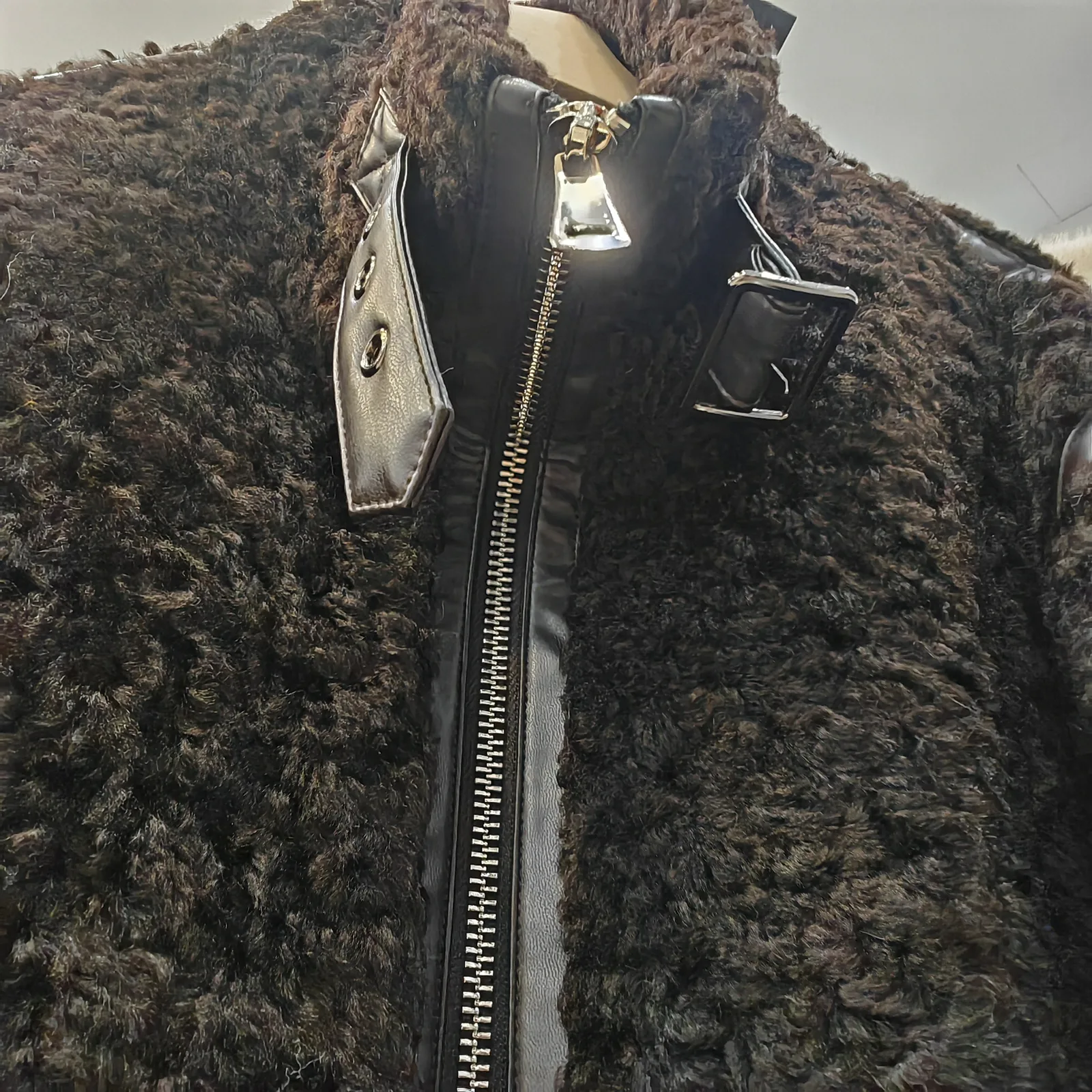 Curly Faux Fur Biker Jacket with Genuine Leather Trim — construction detail