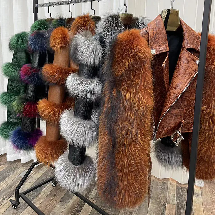 Embossed Cowhide Biker Jacket with Raccoon Fur Sleeves — photographed reference
