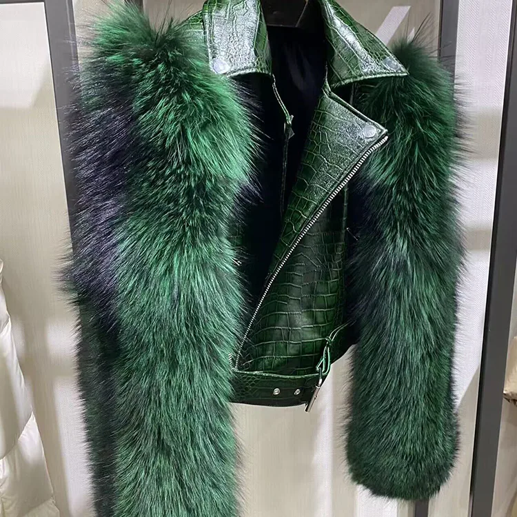 Embossed Cowhide Biker Jacket with Raccoon Fur Sleeves — front view