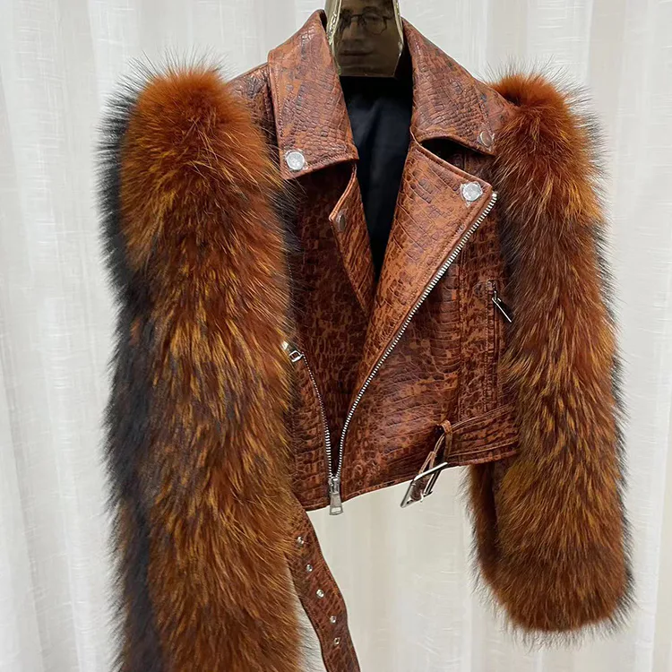 Embossed Cowhide Biker Jacket with Raccoon Fur Sleeves — side view