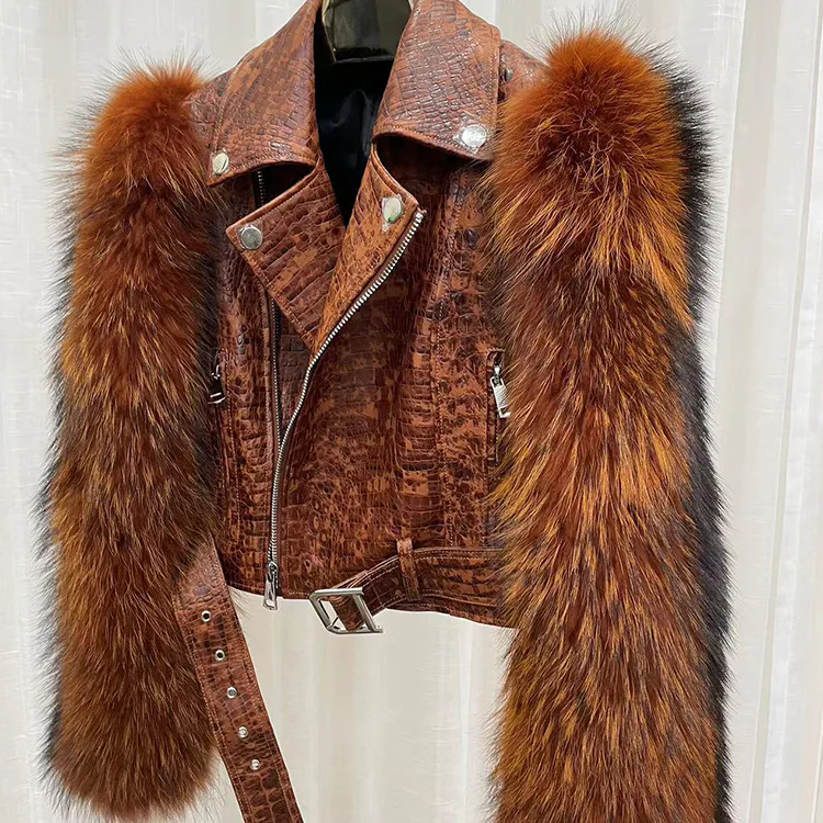 Embossed Cowhide Biker Jacket with Raccoon Fur Sleeves — back view