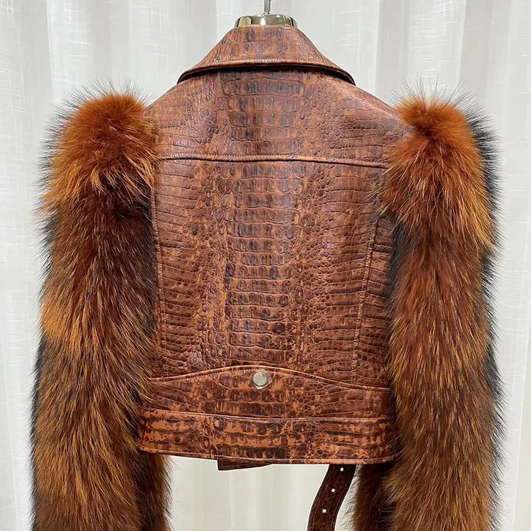 Embossed Cowhide Biker Jacket with Raccoon Fur Sleeves — material detail