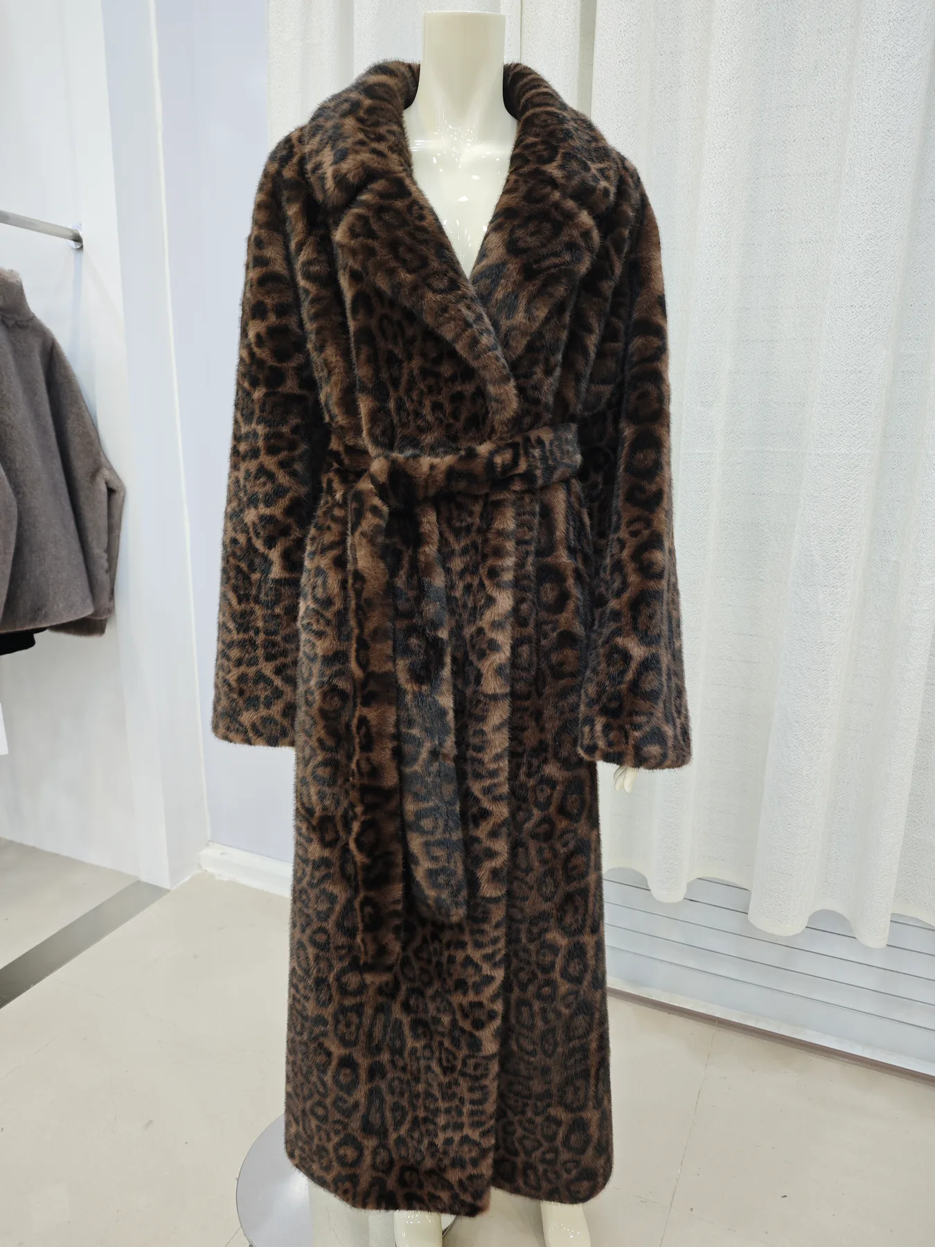 Leopard Print Faux Fur Long Coat with Belt — photographed reference