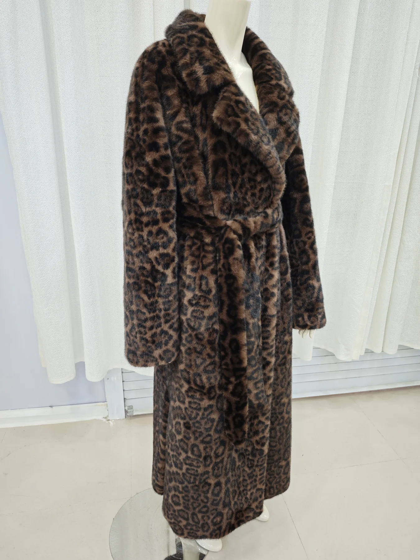 Leopard Faux Fur Long Coat lapel detail thumbnail