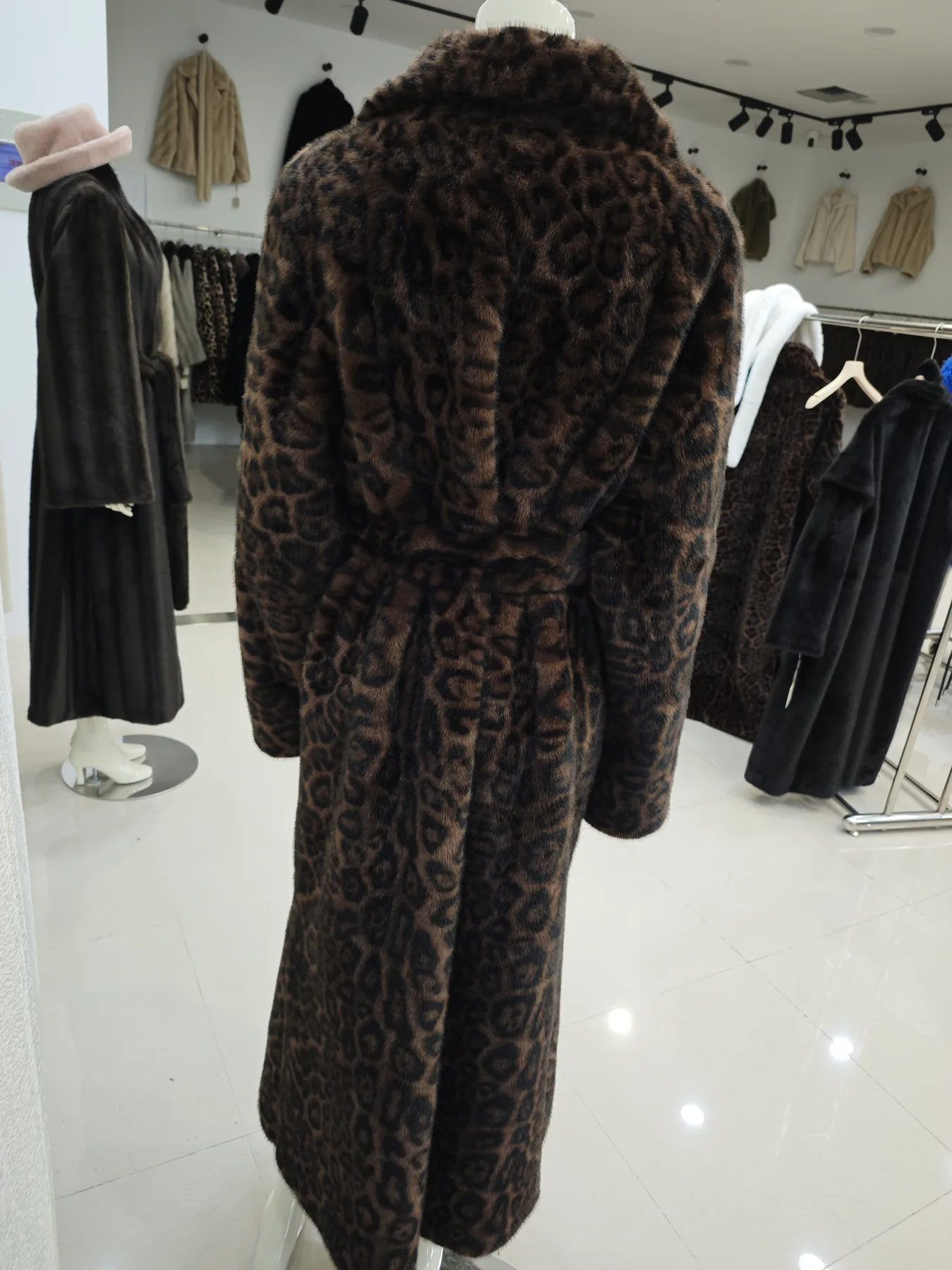 Leopard Faux Fur Long Coat belt and pocket detail thumbnail