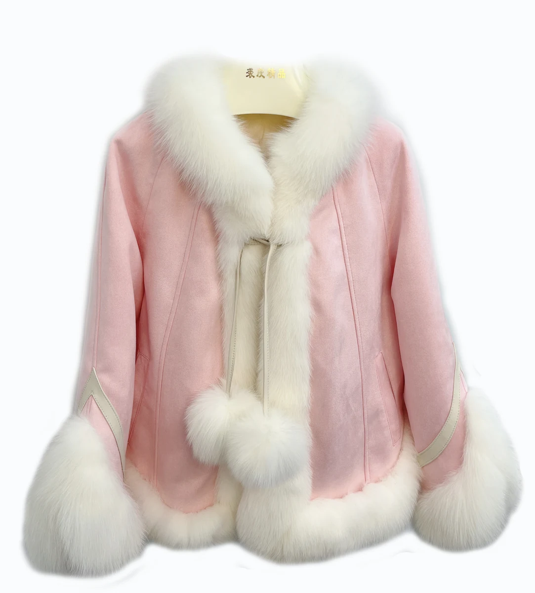 Pink Fox Fur Trim Tie-Front Jacket