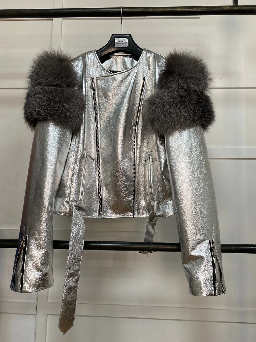 Silver Leather Jacket with Fox Fur Shoulder Panels