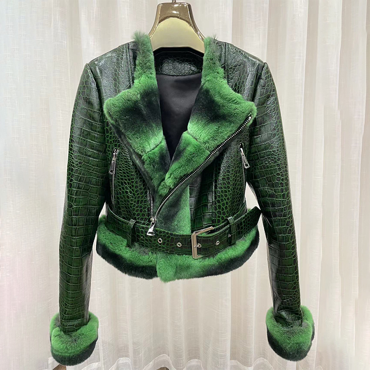 Green leather biker jacket with rex rabbit fur trim, front view