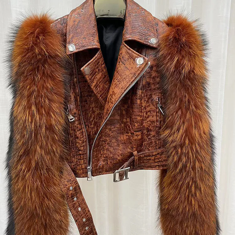 Leather Biker Jacket with Asiatic Raccoon Fur Sleeves