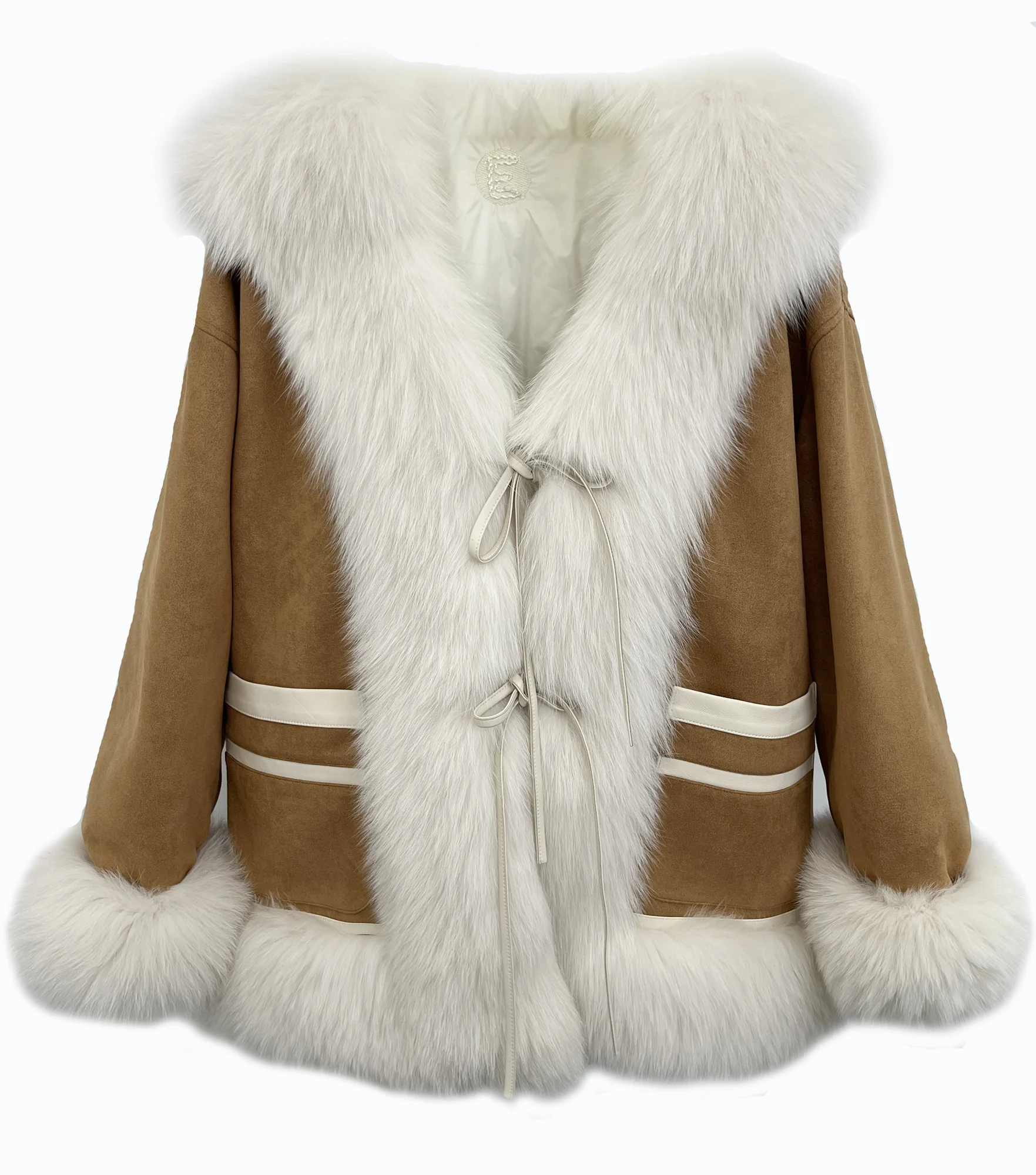 Caramel suede-look jacket with white fox-fur trim main reference