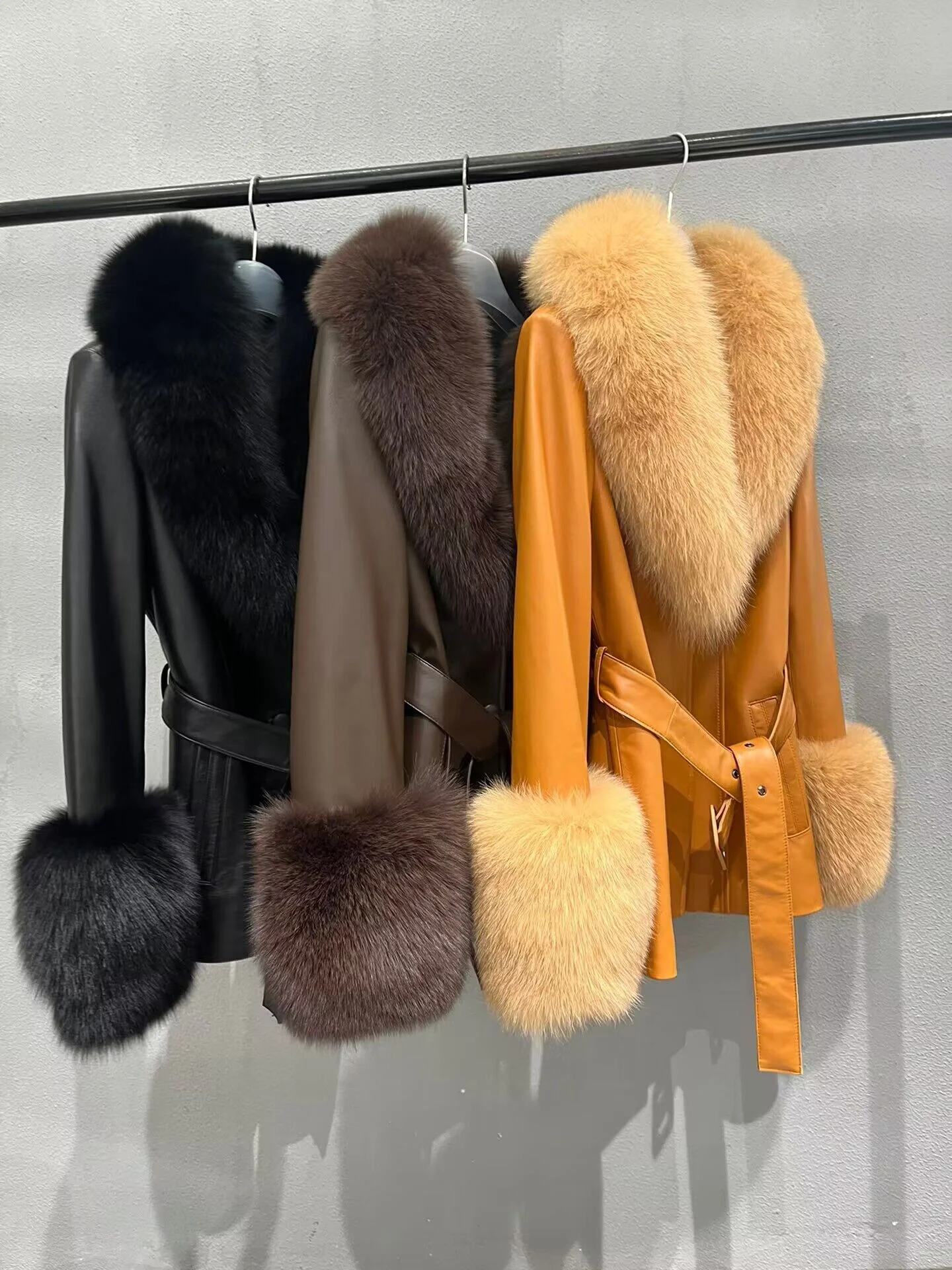 Belted leather coat color references with fox-fur collars and cuffs