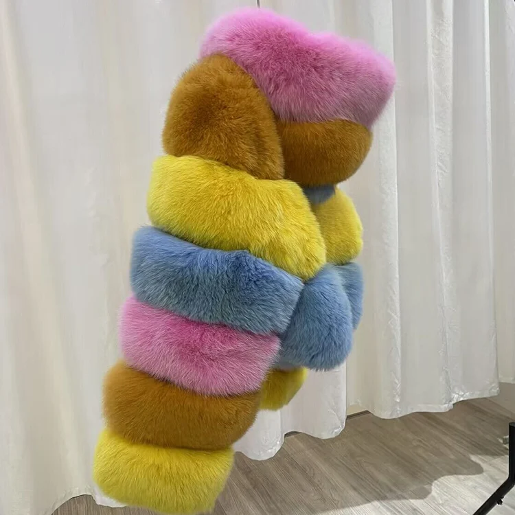 Side view of color-block fox-fur jacket
