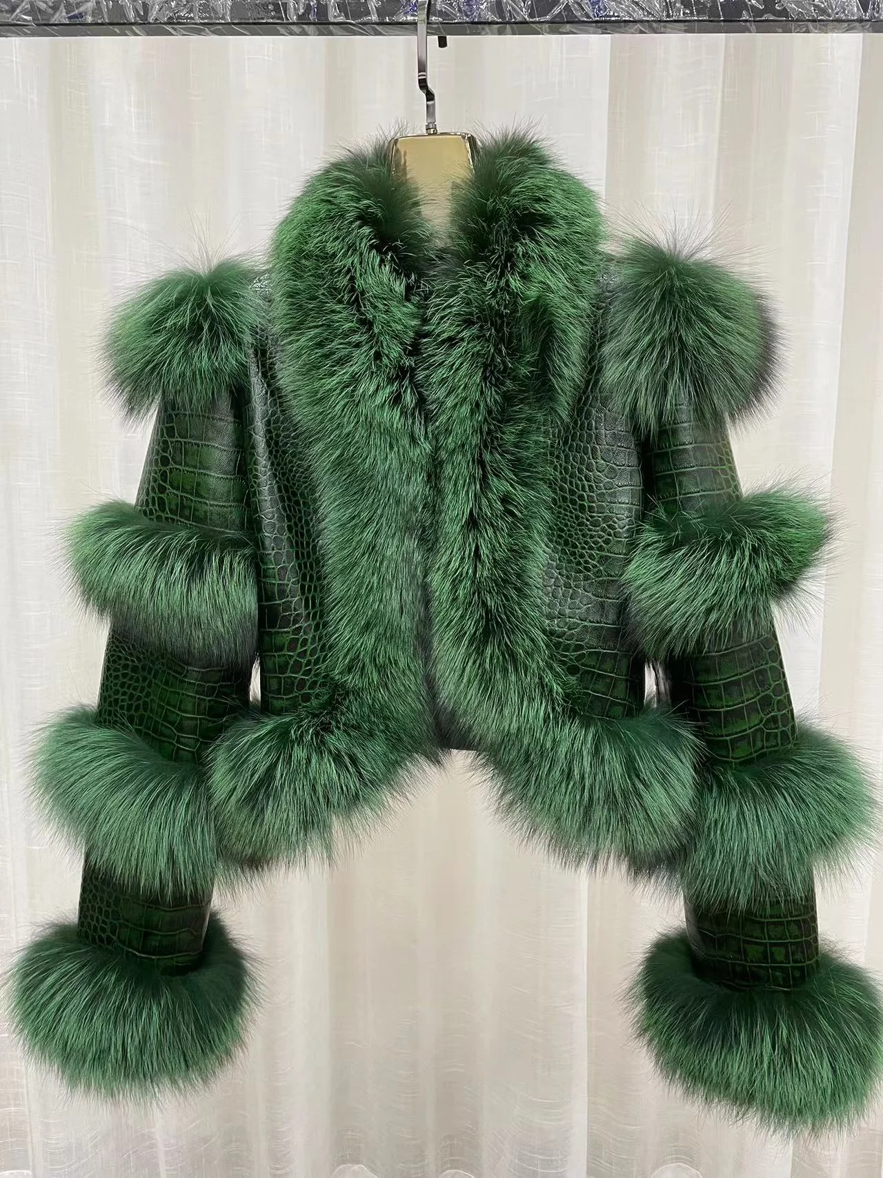 Green cropped leather and fox-fur panel jacket front reference
