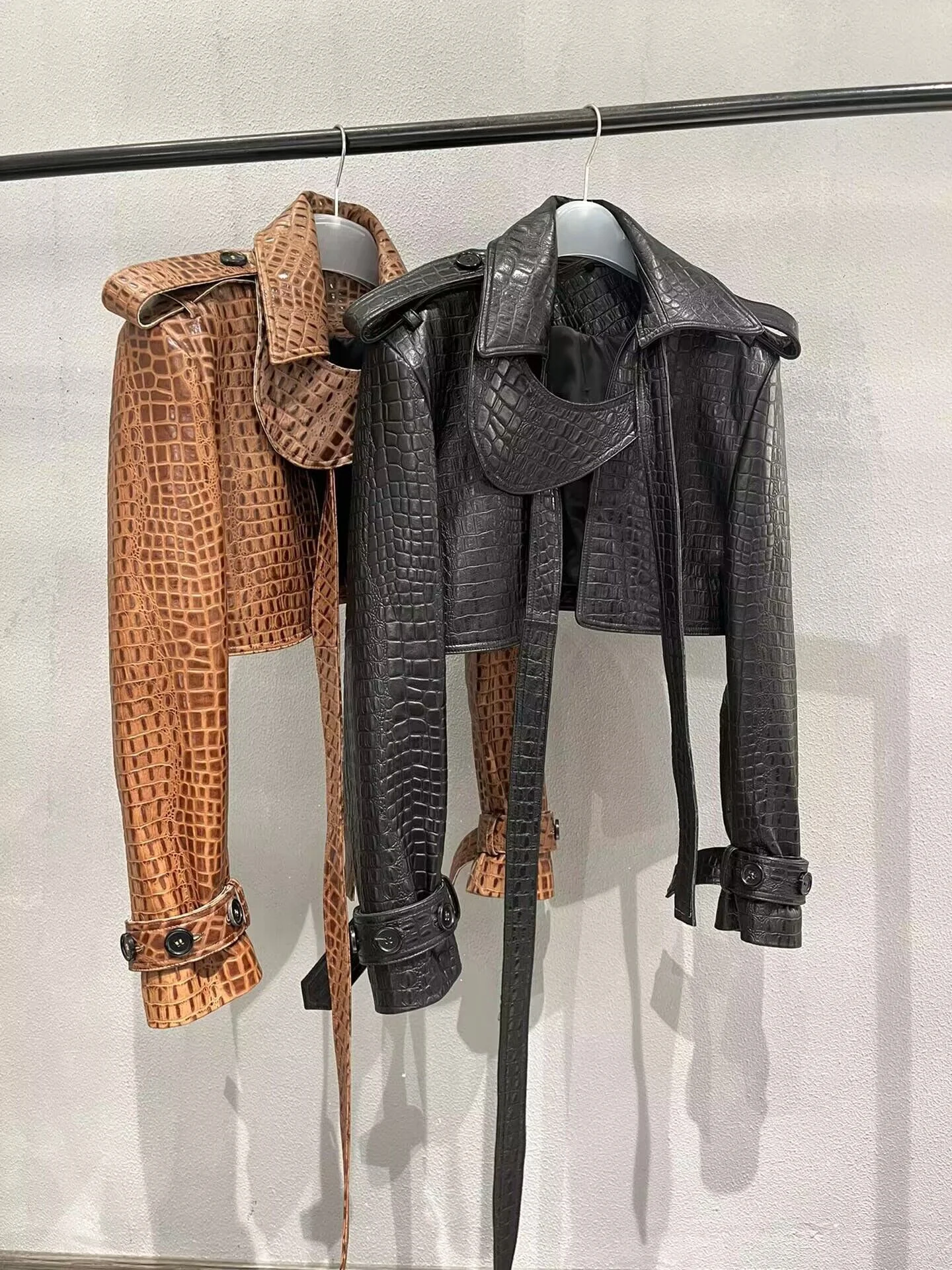 Black and warm brown cropped textured leather jacket references