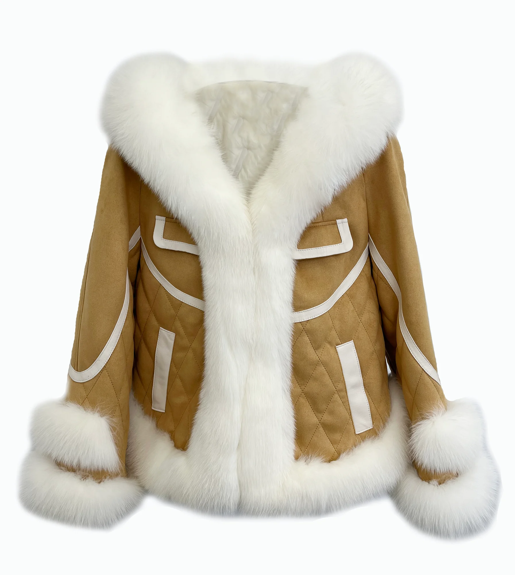 Hooded camel-tone jacket with white fox-fur trim main reference