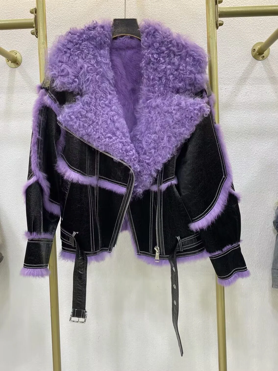 Purple sheepskin-reference leather moto jacket front view