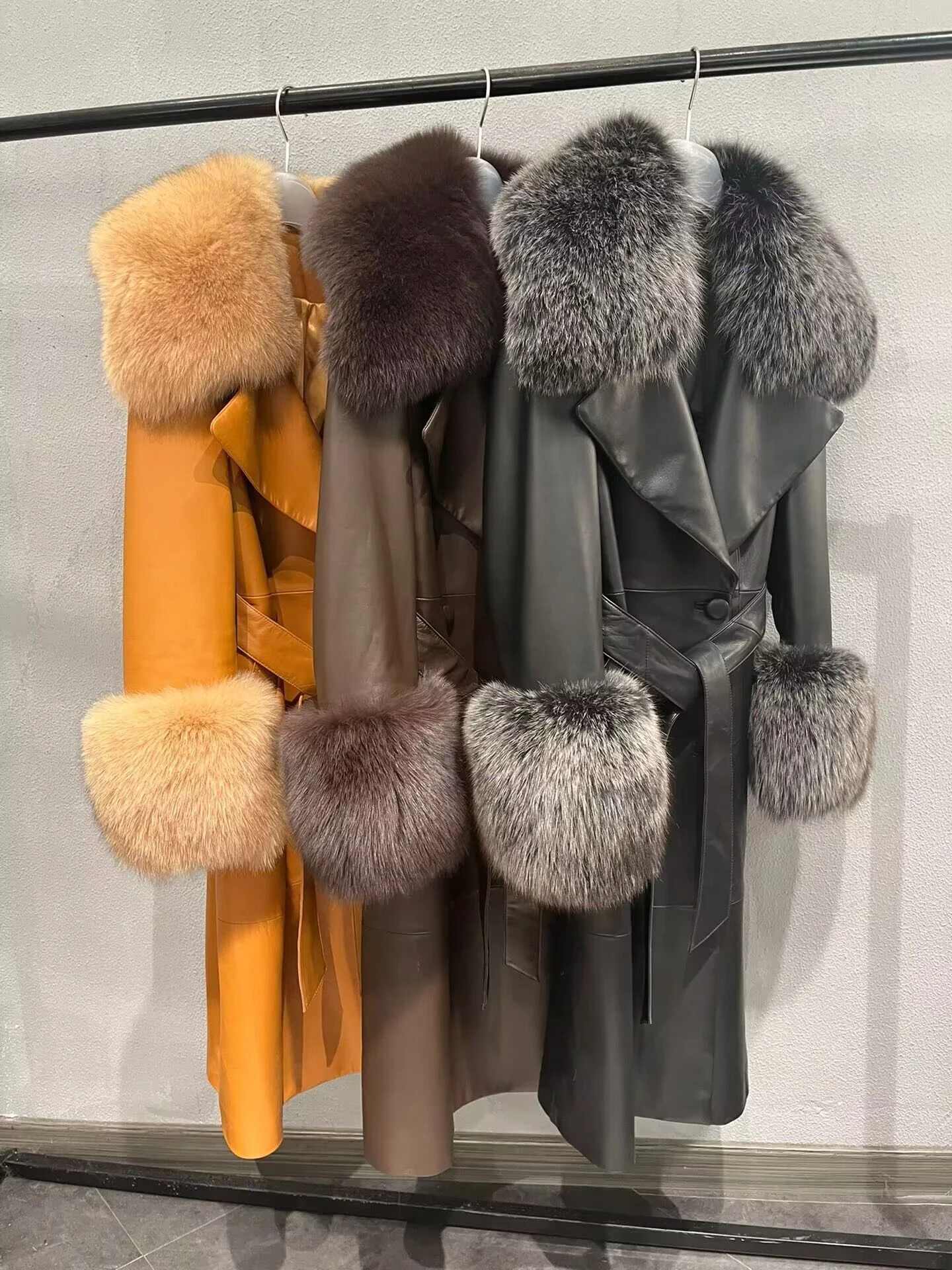 Long leather coat color references with fox-fur collars and cuffs