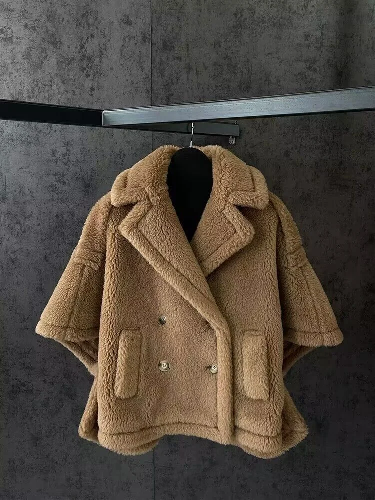 Tan teddy wool cape coat front reference